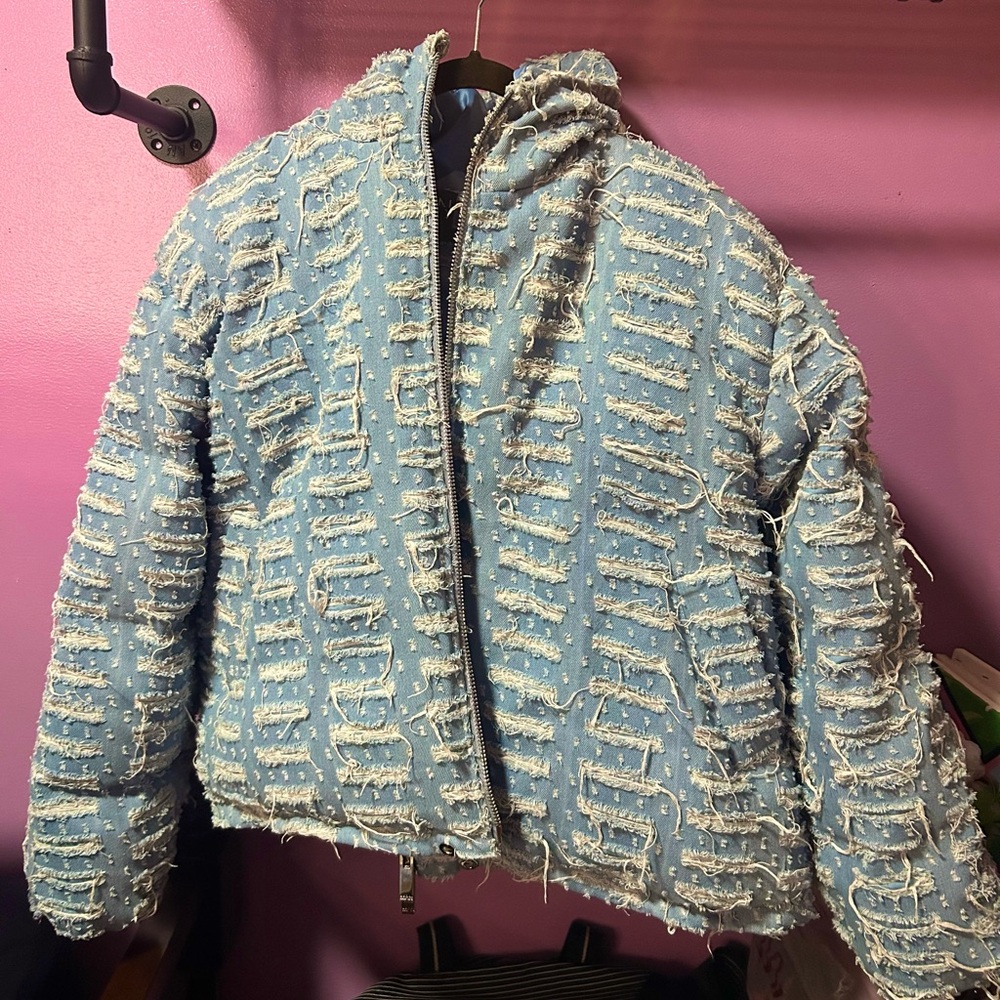 Blue Textured Puffer Jacket